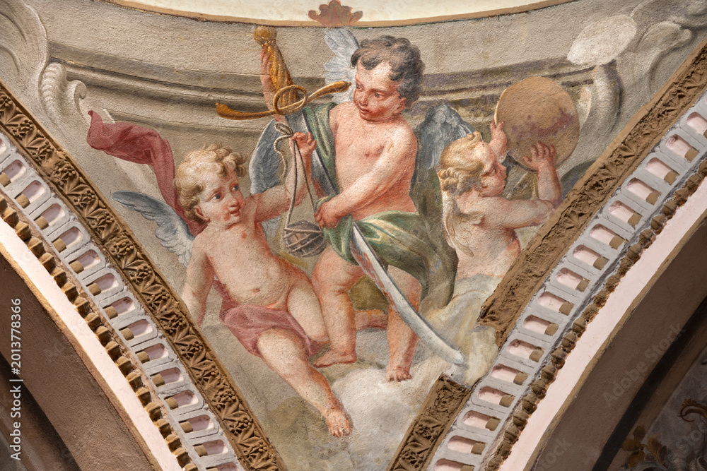 Fototapeta premium CREMA, ITALY - MARCH 20, 2026: The fresco of baroque angels with the symbols of David the church Santuario di Santa Maria della Croce by brothers Giuseppe and Giovanni Antonio Torricell from year 1762