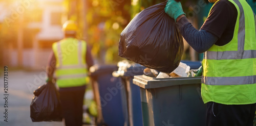 Municipal Waste Collector Carrying Heavy Black Trash Bag to Bin during Golden Hour, Everyday Urban Logistics and Environmental Cleanup Operation.