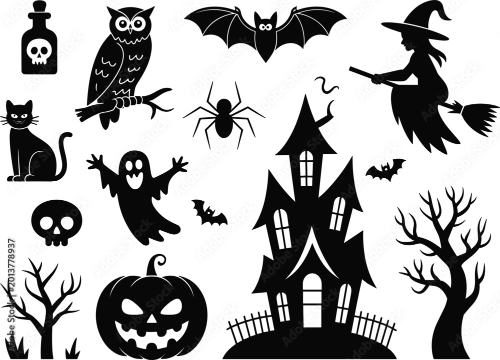 Fototapeta premium Halloween silhouette icon set with haunted house, pumpkin, witch, ghost, bat and spooky elements for festive holiday party design