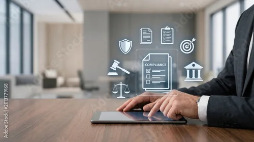 Obraz Corporate compliance and regulations concept, businessman checking legal checklist on tablet, law and justice icons, data protection, business ethics, governance strategy,