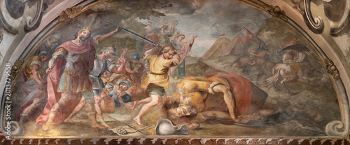 Photos CREMA, ITALY - MARCH 20, 2026: The fresco of The David and Goliath the church Sa