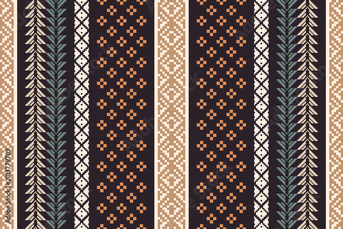 Ethnic Vertical Stripe Pattern with Aztec and Navajo Inspired Geometric Motifs, Seamless Folk Art Weaving Texture in Brown and Beige, Tileable Textile Background for Wallpaper and Fashion Design.