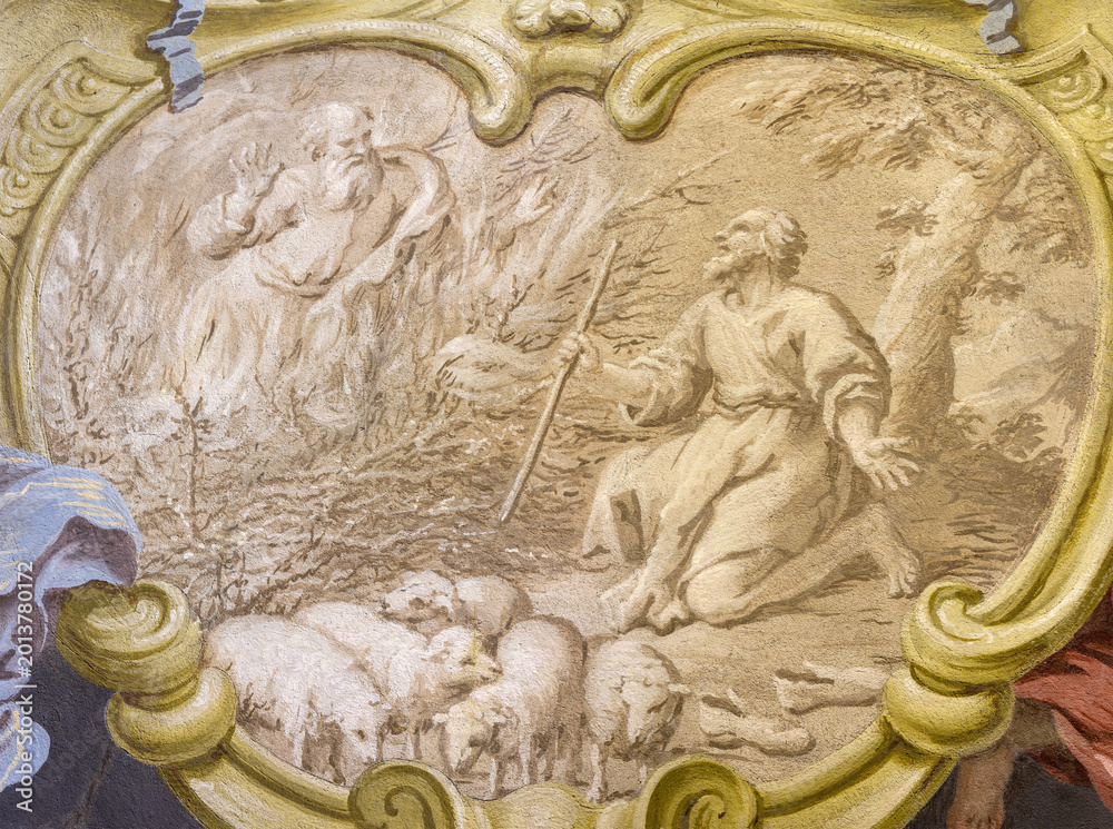 Obraz premium CREMA, ITALY - MARCH 20, 2026: The fresco of God appeared moses in the burning bush the church Santuario di Santa Maria della Croce by Giacomo Parravicino - il Gianolo from year 1721