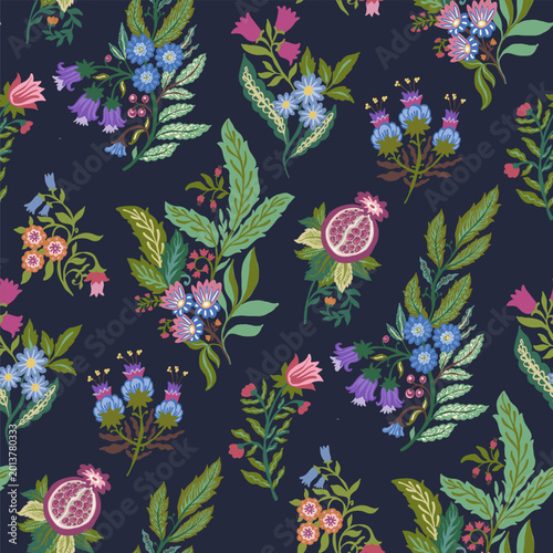 Navy Jacobean Floral Pomegranate Print