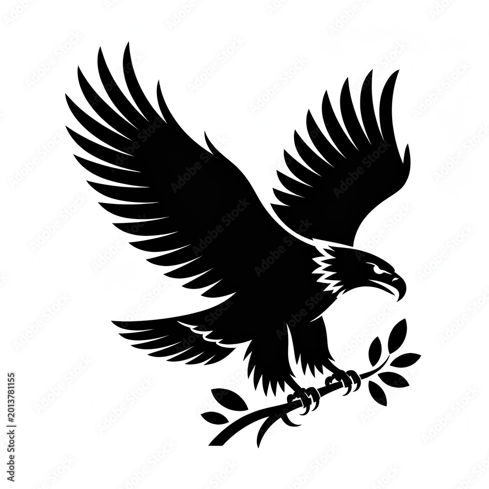 Obraz premium Eagle silhouette with branch and leaves black vector illustration on white