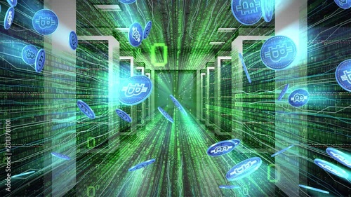 Rain of Cryptocurrency Bitcoins Falling Down with Data Server Room in Background