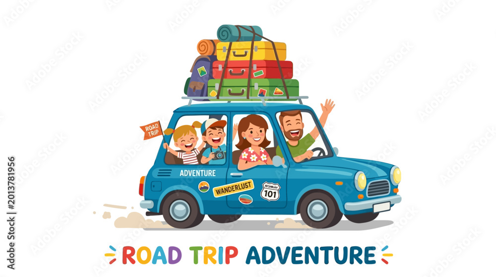 Fototapeta premium Cartoon vector illustration of a cheerful family riding in a small blue car with suitcases on the roof, enjoying a sunny road trip adventure with a fun travel atmosphere, set against a