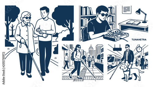 Set of Illustrations Depicting Visually Impaired People Navigating Daily Life with Canes and Guide Dogs