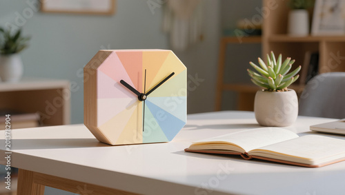 Minimalist Octagon Clock on Desk with Open Book