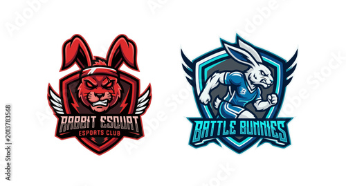 Foto Set of Two Fierce Rabbit Esports Mascot Logos with Red and Blue Shield Themes