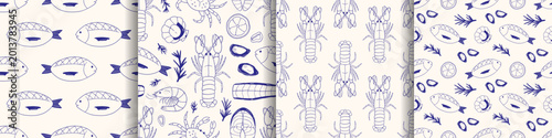 Vector hand drawn mediterranean seafood seamless pattern set in blue and navy outline sketch. Monochrome doodle fish lobster crab lemon and herb print background for fabric textile and wrapping paper.