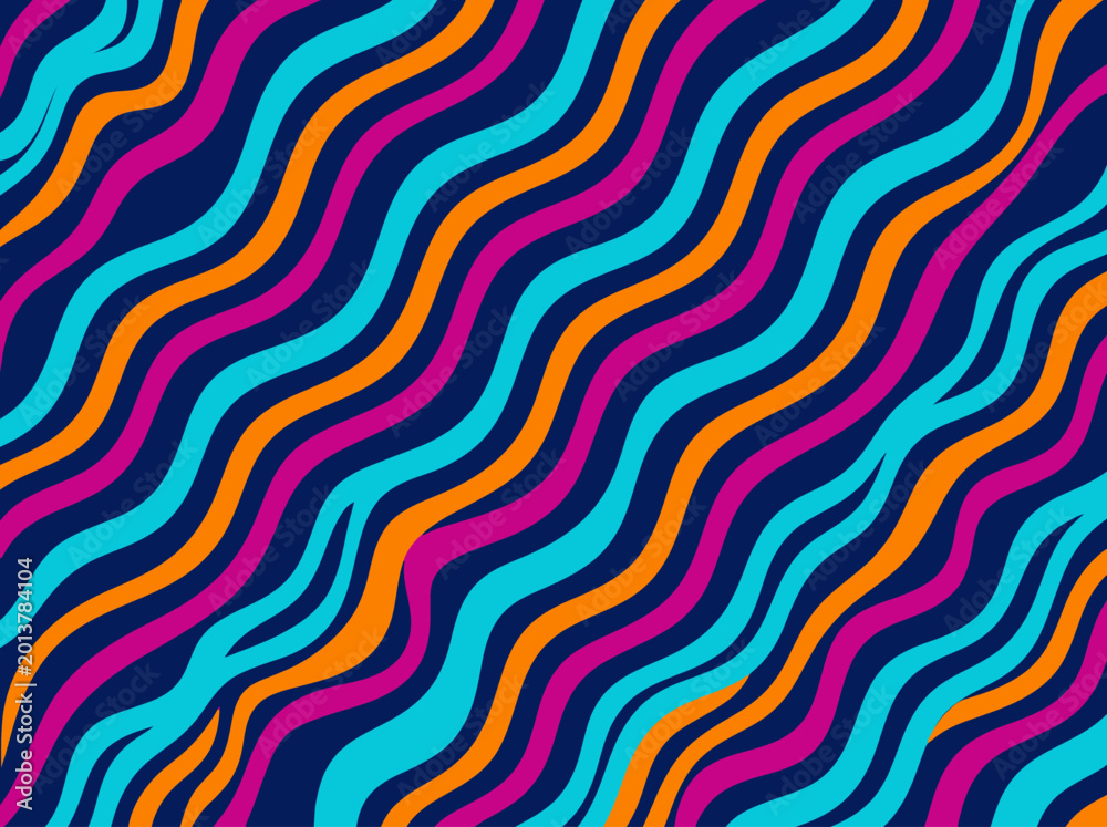 Obraz premium Vibrant Abstract Wavy Pattern Background with Neon Pink Orange and Cyan Stripes on Dark Blue. Retro Psychedelic Geometric Design for Modern Web Graphics Creative Textures and Artistic Wallpapers.