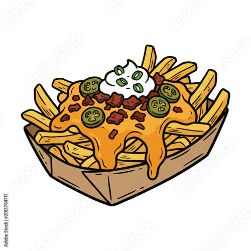 Loaded Fries Doodle of Golden Potatoes with Cheese Bacon Jalapenos and Cream for Menu Design