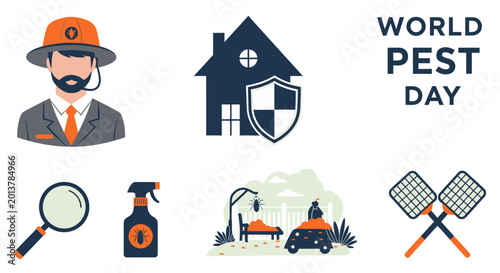 Schilderij op canvas A collection of World Pest Day icons featuring a professional a shielded house a