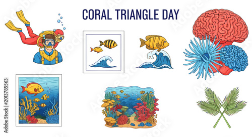 Quadro su tela Graphic illustration for Coral Triangle Day featuring divers marine life coral r
