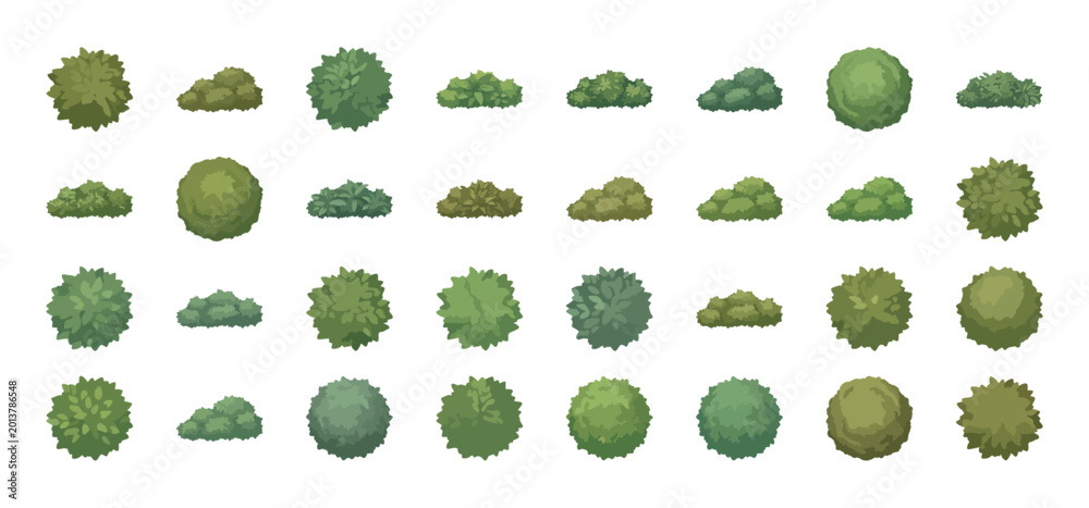 Fototapeta premium Green garden bush vector set, 32 flat shrub icons for landscape design, organic hedge and plant collection, nature vegetation elements for map making