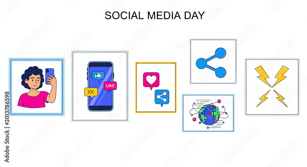 Fototapeta premium Social Media Day banner with icons of a selfie a smartphone share symbols a network globe and lightning bolts