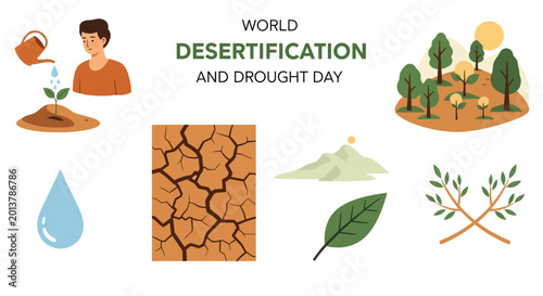 Quadro su tela World Desertification and Drought Day illustration with man watering plant crack