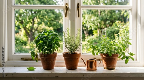Three potted herbs on a windowsill with a small copper watering can