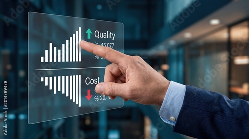 Hand touching transparent screen showing quality increase and cost decrease bar charts, financial analysis and business efficiency concept