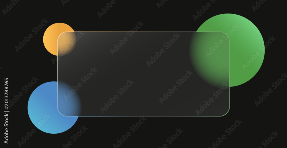 Obraz premium Glassmorphism rectangle glass box, light frame mockup template design with round colorful shapes on a dark black background. Vector illustration