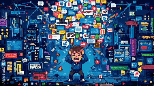 Fotografija Pixel art of a stressed person overwhelmed by a massive cloud of social media no