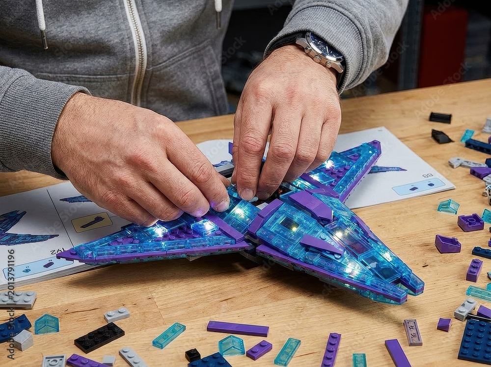 Naklejka premium Hand constructing LEGO spaceship model on table, creative building activity