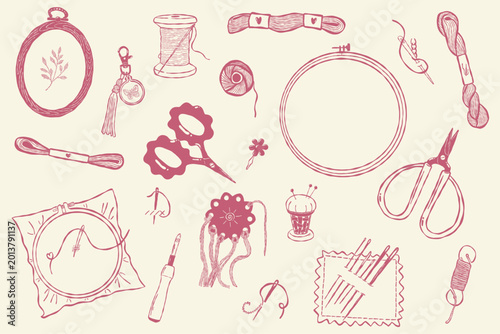 Embroidery and sewing vintage doodle collection with craft tools