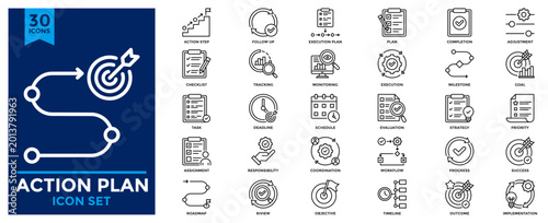 Action Plan icon collection. Contains icons for goal, plan, checklist, execution, strategy, task, progress, action step and execution plan.