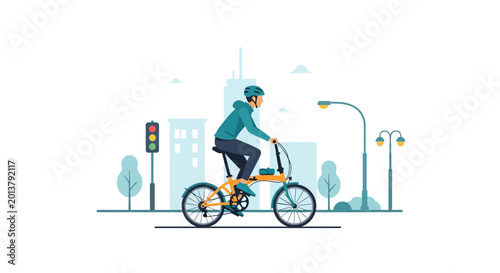 Bild auf Leinwand Man Riding Folding Bike in City