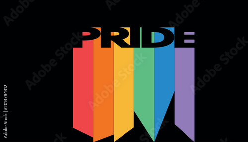 Retro Pride Typography on Black Background with Rainbow Vertical Stripes, LGBT Pride Month Celebration Concept