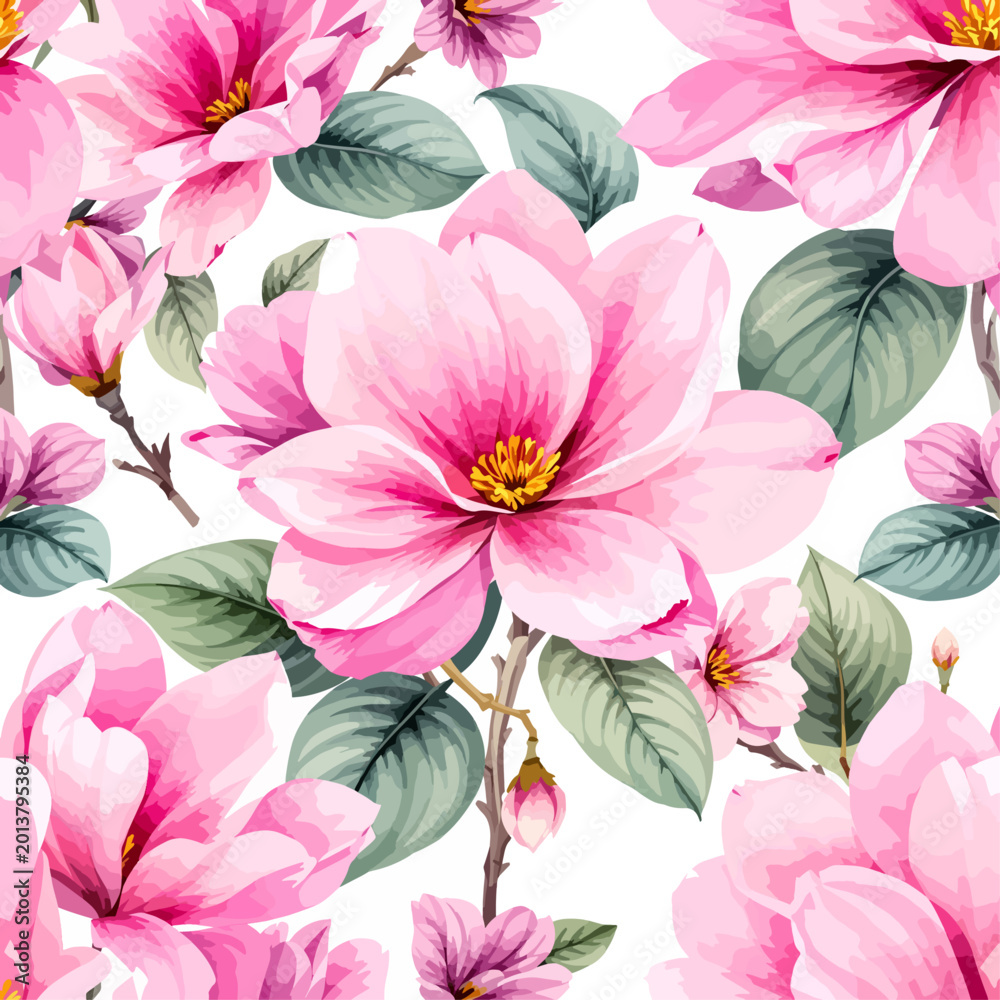 Obraz premium Watercolor magnolia blossoms painted delicately with pastel petals and refined natural leaf details.