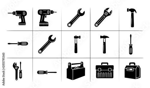 Quadro em tela Minimal hand power tools silhouette vector set hardware construction infographic