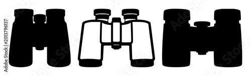 Photos Binoculars icon set with solid black silhouette on white background featuring si
