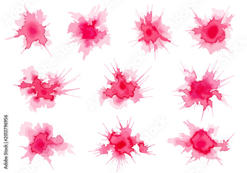 Modern watercolor burst collection featuring radiant magenta stains and expressive organic paint splatters.