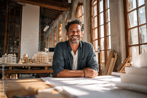 Smiling Latin architect leaning on detailed blueprints in a sunlit loft studio, wearing dark button shirt and white tee with scale models behind