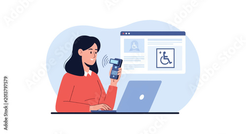 Vector illustration of a woman using a handheld screen reader device to access a website on a laptop, emphasizing digital accessibility and inclusive design for users with disabilities.