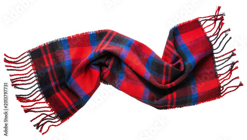 Foto Isolated vibrant red black and blue plaid scarf, a soft wool accessory for winter fashion
