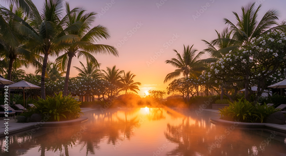 Fototapeta premium Tropical sunset by the pool resort.
