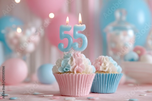 Festive Birthday Cupcake with Number 55 Candle and Sweet Decor in Pastel Colors