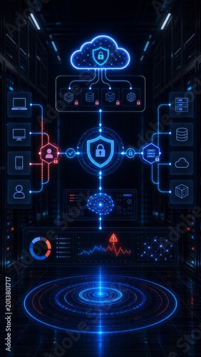 Cyber threat analytics dashboard with malware alerts, network activity charts, world map monitoring and incident response metrics on dark user interface