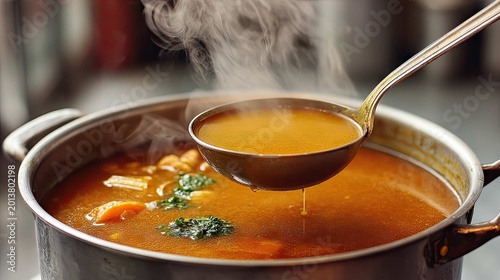 Steaming Soup with Fresh Vegetables in a Pot on a Stovetop with a Ladle Pouring Hot Broth in a Cozy Kitchen Setting