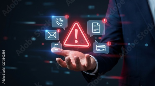 Business executive holding hand out with glowing warning icons and digital communication symbols representing cyber threat alerts and network security incident response for modern business