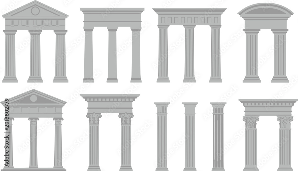 Fototapeta premium Classical architectural facade and column collection isolated ancient building vector illustration set for construction design