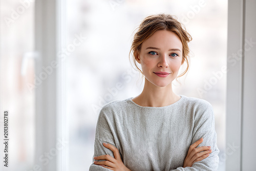 Young Caucasian creative consultant with auburn messy bun and grey knit sweater, arms crossed and warm smile by a bright window Free Download Young Caucasian creative consultant with auburn messy bun and grey knit sweater, arms crossed and warm smile by a bright window - GFXLoad