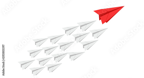 Quadro em tela Red paper airplane leading a group of white paper airplanes on white background