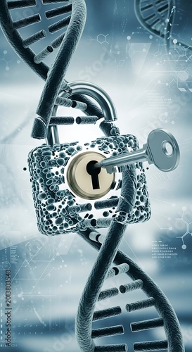 DNA helix secured by a glowing lock and key