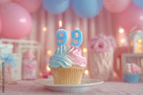 Celebratory cupcake with birthday candles in a festive pink and pastel themed setting