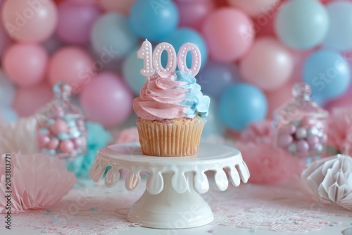 Elegant cupcake decorated with pink and blue frosting on a festive celebration platter