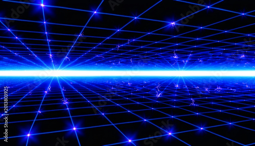 Neon blue grid perspective features glowing digital intersections stretching infinitely across a dark virtual space.
